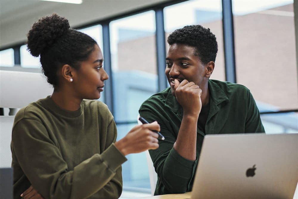 Two colleagues learning together at a laptop